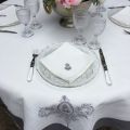 Round linen and polyester tablecloth "Elégance" white and grey linen bordure