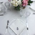 Round linen and polyester tablecloth "Elégance" white and grey linen bordure