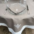 Round linen and polyester tablecloth "Elégance" taupe and white  linen bordure