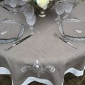 Rectangular linen and polyester tablecloth "Elégance" taupe and white  linen bordure