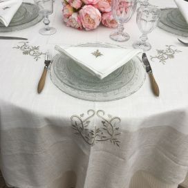 Square linen and polyester tablecloth "Coeurs brodés" white and linen bordure