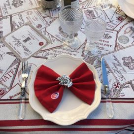 Rectangular Jacquard tablecloth "Bordeaux"ecru and red by Tissus Toselli