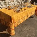 Rectangular damask Jacquard tablecloth golden yellow, bordure "Clos des Oliviers" Saffron color