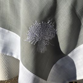 Linen and polyester tablecloth "Lavandière" Grey linen and white bordure