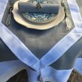 Linen and polyester table runner "Lavandes brodées" linen and white bordure